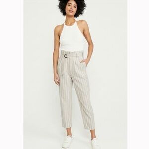 Abercrombie & Fitch Linen Belted Paperbag Tapered Striped Pants